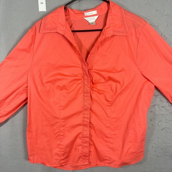CJ Banks Tops - CJ Banks Womens Button Up Top Orange Solid  Plus Size 1X Stretch